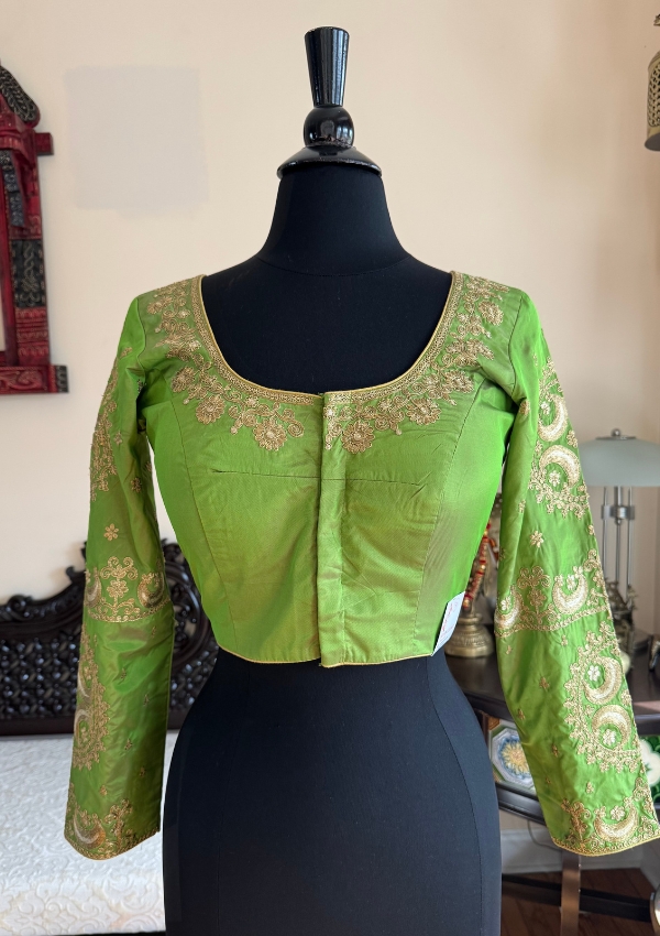 Green Silk Blouse with Golden Embroidery